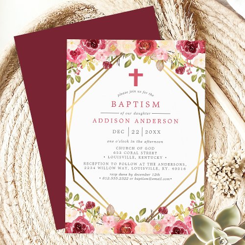 Elegant Floral Burgundy and Gold with Cross Invitation