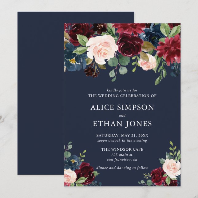 Elegant Floral Burgundy And Navy Blue Invitation (Front/Back)