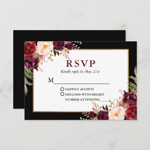 Elegant Floral Burgundy Black Gold Frame Wedding RSVP Card