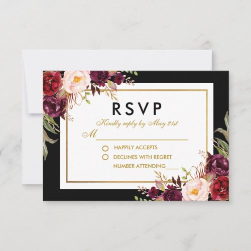 Elegant Floral Burgundy Black Gold Wedding RSVP