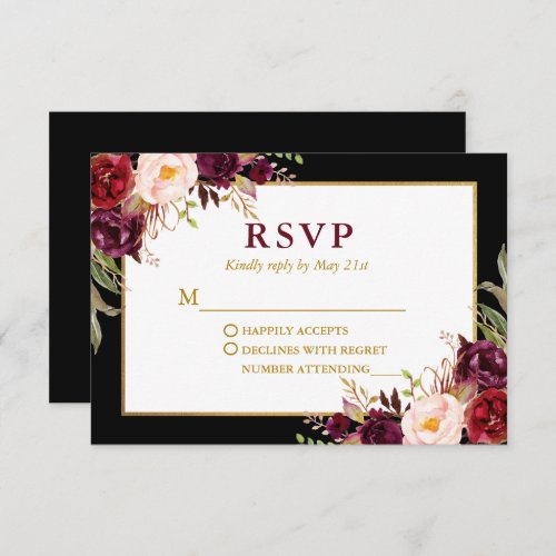 Elegant Floral Burgundy Black Gold Wedding RSVP Card