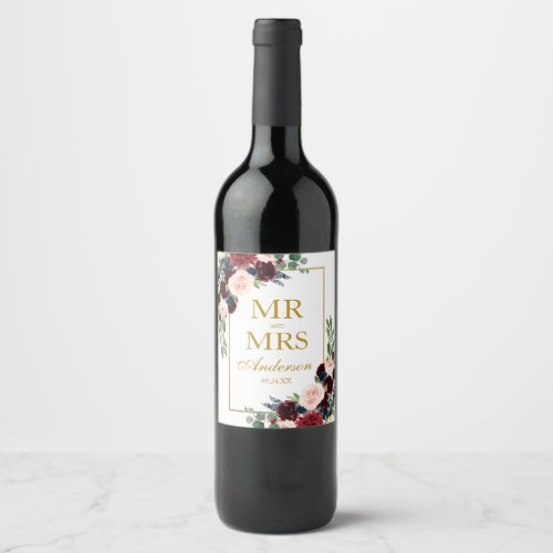 Elegant Floral Burgundy Blue Gold Wedding Wine Label