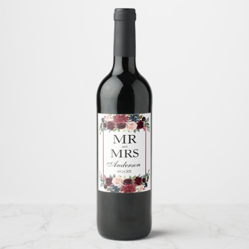 Elegant Floral Burgundy Blue Wedding Wine Label