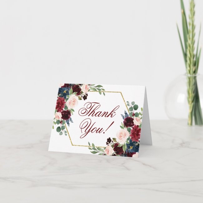Elegant Floral | Burgundy Blush Geometric Frame Thank You Card