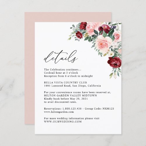 Elegant Floral Burgundy Blush Wedding Details Enclosure Card