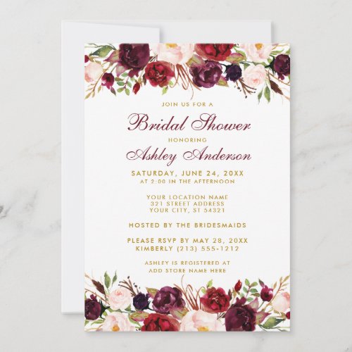 Elegant Floral Burgundy Gold Bridal Shower W Invitation