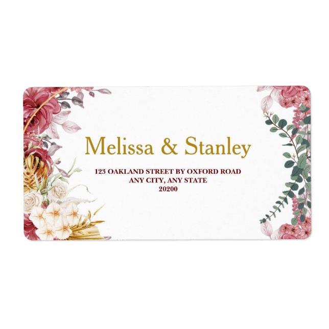Elegant Floral Burgundy Gold Eucalyptus Wedding Label (Front)