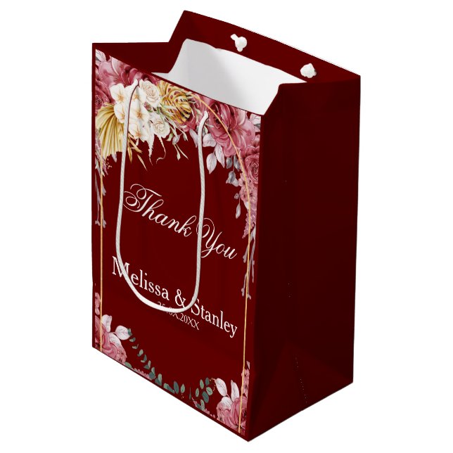 Elegant Floral Burgundy Gold Eucalyptus Wedding Medium Gift Bag (Front Angled)