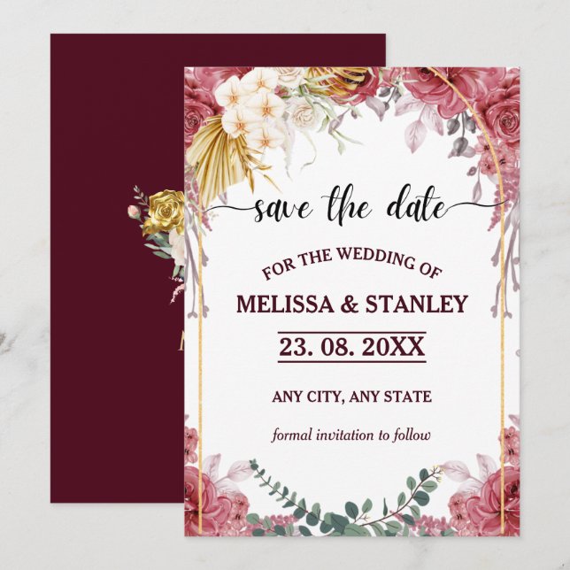 Elegant Floral Burgundy Gold Eucalyptus Wedding Save The Date (Front/Back)