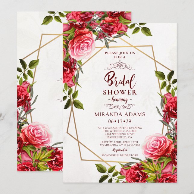 Elegant Floral Burgundy Gold Frame Bridal Shower Invitation (Front/Back)