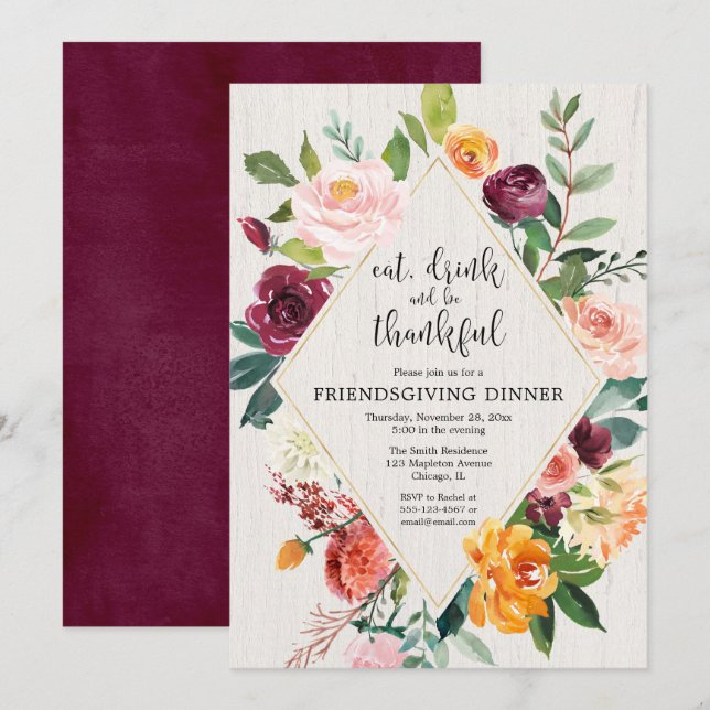 Elegant floral burgundy gold Friendsgiving Dinner Invitation (Front/Back)