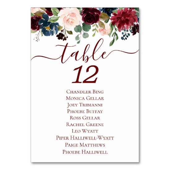 Elegant Floral | Burgundy Marsala Red Garland Table Number