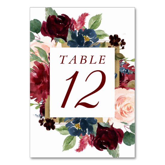 Elegant Floral | Burgundy Marsala Red Gold Frame Table Number