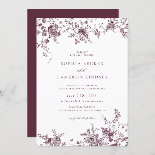 Elegant Floral Burgundy Merlot Vintage Wedding Invitation