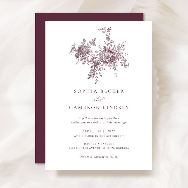 Elegant Floral Burgundy Merlot Vintage Wedding Invitation (Creator Uploaded)