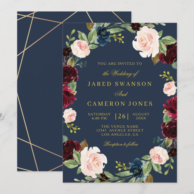 elegant floral burgundy navy wedding invitation (Front/Back)