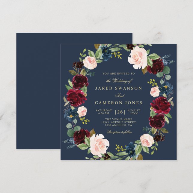 elegant floral burgundy navy wedding invitation (Front/Back)
