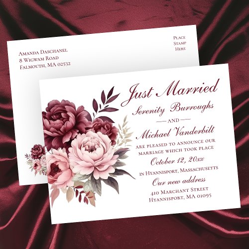 Elegant Floral Burgundy Peony Just Married Wedding Announcement Postcard