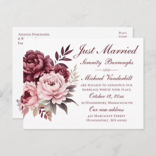 Elegant Floral Burgundy Peony Just Married Wedding Announcement Postcard