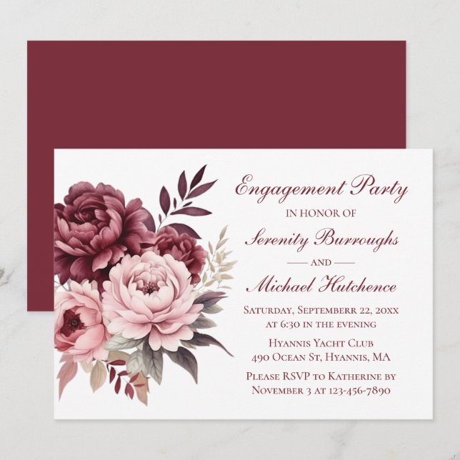 Elegant Floral Burgundy Peony Wedding Engagement  Invitation (Front/Back)