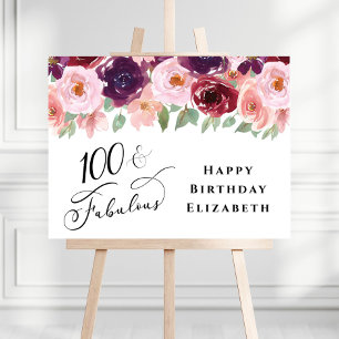Elegant Floral Burgundy Pink 100th Birthday Party Foam Board