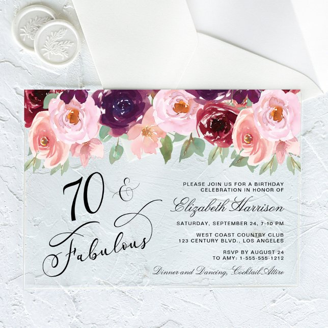 Elegant Floral Burgundy Pink 70th Birthday Party Acrylic Invitations (Creator Uploaded)