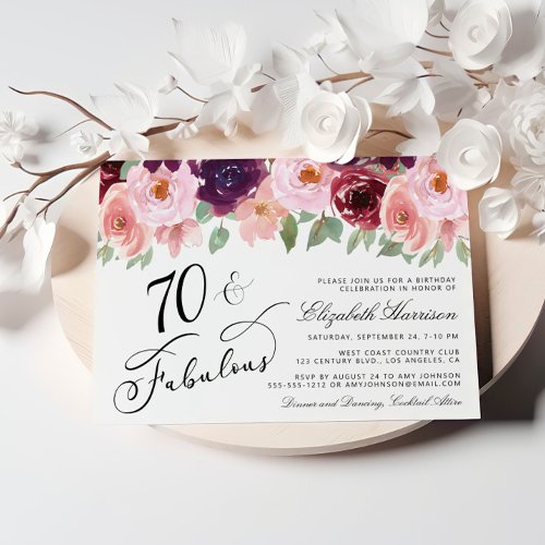Elegant Floral Burgundy Pink 70th Birthday Party Invitation