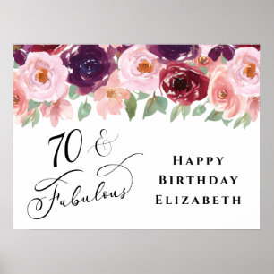 Elegant Floral Burgundy Pink 70th Birthday Party Poster