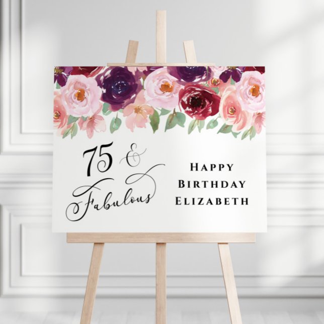 Elegant Floral Burgundy Pink 75th Birthday Party Foam Board (Creator Uploaded)