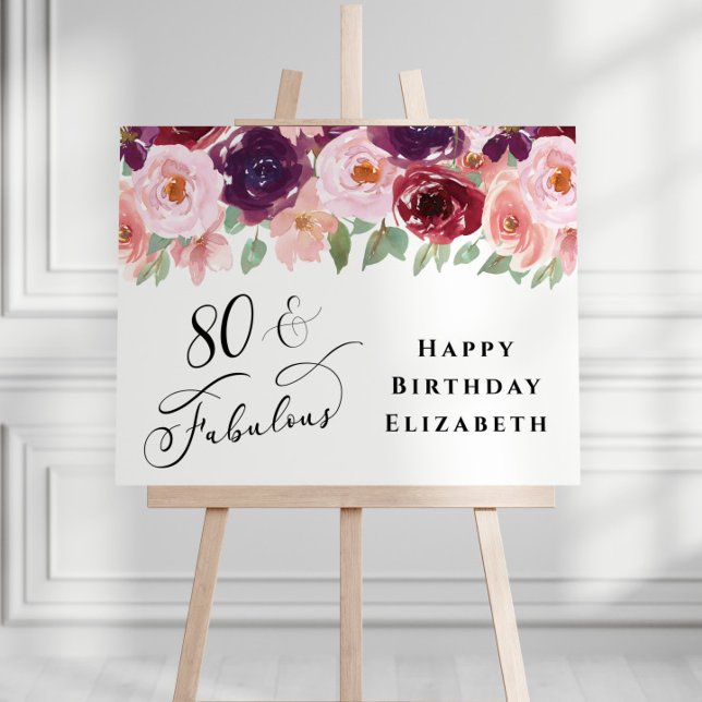 Elegant Floral Burgundy Pink 80th Birthday Party Foam Board (Creator Uploaded)