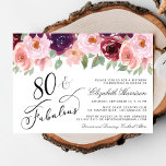 Elegant Floral Burgundy Pink 80th Birthday Party Invitation<br><div class="desc">Elegant 80th birthday party invitation featuring "80 & Fabulous" in a stylish calligraphy script and watercolor bouquets of burgundy red and pink florals and sage green greenery.</div>