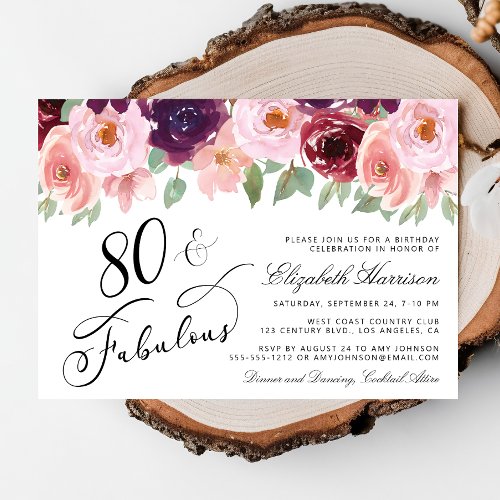 Elegant Floral Burgundy Pink 80th Birthday Party Invitation