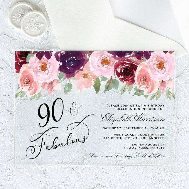 Elegant Floral Burgundy Pink 90th Birthday Party Acrylic Invitations (Creator Uploaded)