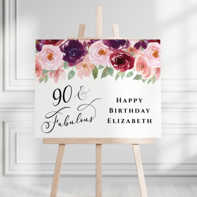 Elegant Floral Burgundy Pink 90th Birthday Party Foam Board (Creator Uploaded)