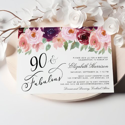 Elegant Floral Burgundy Pink 90th Birthday Party Invitation