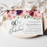 Elegant Floral Burgundy Pink 90th Birthday Party Invitation<br><div class="desc">Elegant 90th birthday party invitation featuring "90 & Fabulous" in a stylish calligraphy script and watercolor bouquets of burgundy red and pink florals and sage green greenery.</div>