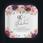 Elegant Floral Burgundy Pink 90th Birthday Party Paper Plates<br><div class="desc">Elegant paper plates for her 90th birthday party with "90 & Fabulous" in a stylish calligraphy script and watercolor bouquets of burgundy red and blush pink florals with sage greenery.</div>