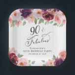 Elegant Floral Burgundy Pink 90th Birthday Party Paper Plates<br><div class="desc">Elegant paper plates for her 90th birthday party with "90 & Fabulous" in a stylish calligraphy script and watercolor bouquets of burgundy red and blush pink florals with sage greenery.</div>