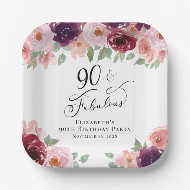 Elegant Floral Burgundy Pink 90th Birthday Party Paper Plates (Front)