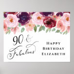 Elegant Floral Burgundy Pink 90th Birthday Party Poster<br><div class="desc">Elegant welcome poster sign for her 90th birthday party featuring "90 & Fabulous" in a calligraphy script and watercolor bouquets of burgundy red and pink florals with light sage greenery.</div>