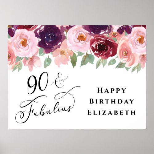 Elegant Floral Burgundy Pink 90th Birthday Party Poster