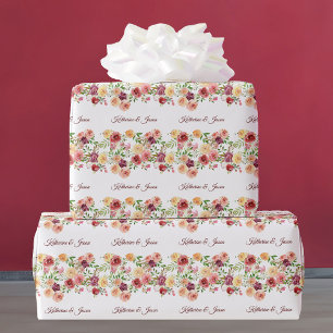 Elegant Floral Burgundy Red Monogram Wedding Wrapping Paper