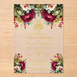 Elegant Floral Burgundy Red Roses Islamic Wedding Acrylic Invitations