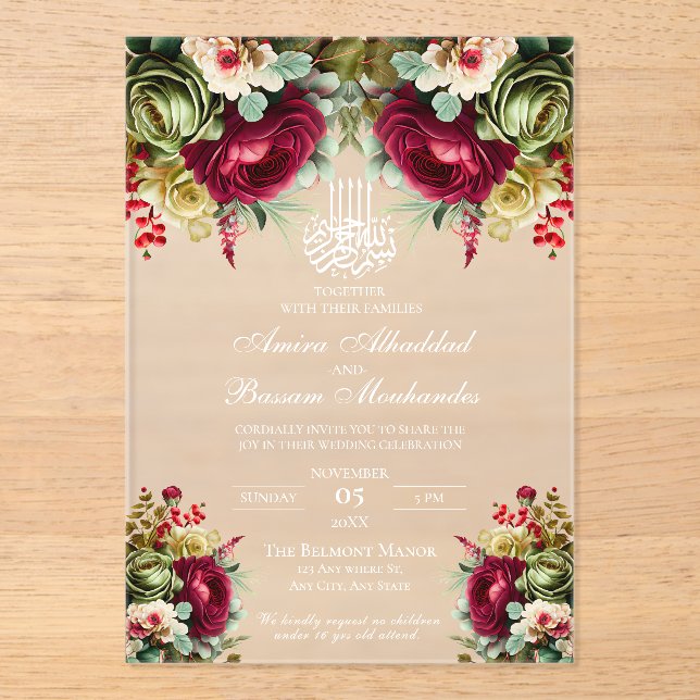 Elegant Floral Burgundy Roses 2 Islamic Wedding  Acrylic Invitations (Front)