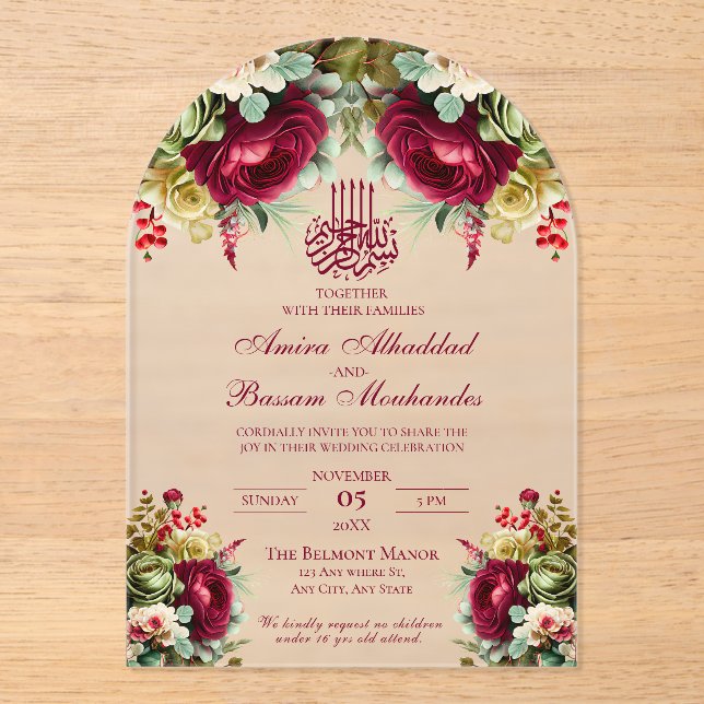Elegant Floral Burgundy Roses 3 Islamic Wedding  Acrylic Invitations (Front)