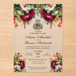 Elegant Floral Burgundy Roses Islamic Wedding Acrylic Invitations