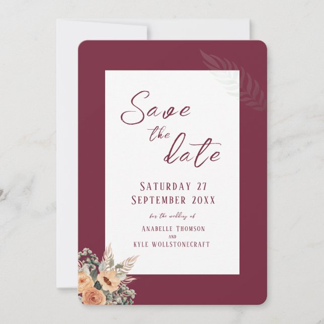 Elegant floral burgundy Save the Date flat card (Front)