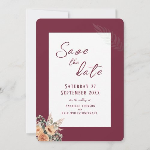 Elegant floral burgundy Save the Date flat card