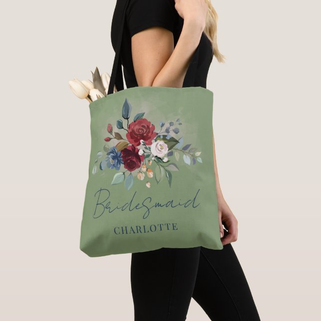 Elegant Floral Burgundy Script Wedding Bridesmaid Tote Bag (Close Up)