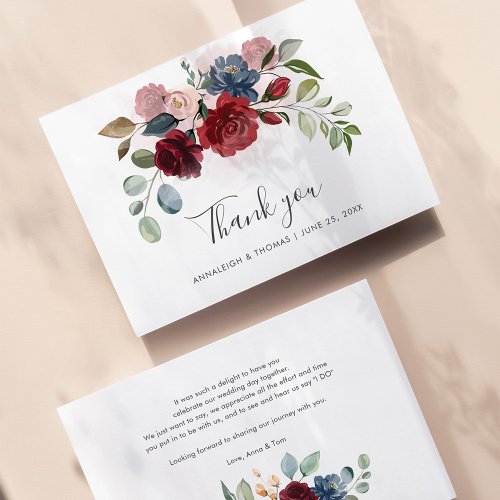 Elegant Floral Burgundy Script Wedding Thank You Note Card